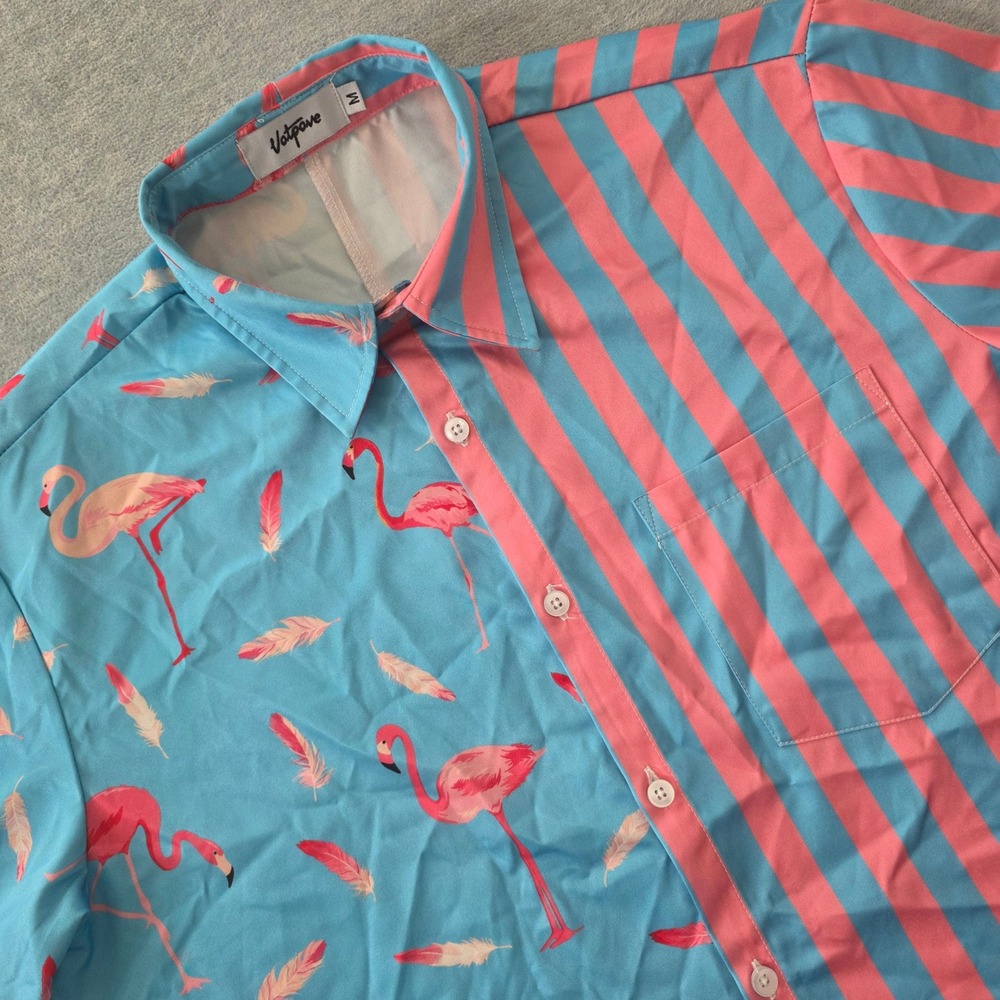 Vatpave Mens Flamingo Stripe Short Sleeve Button Down Shirt Blue Pink Medium